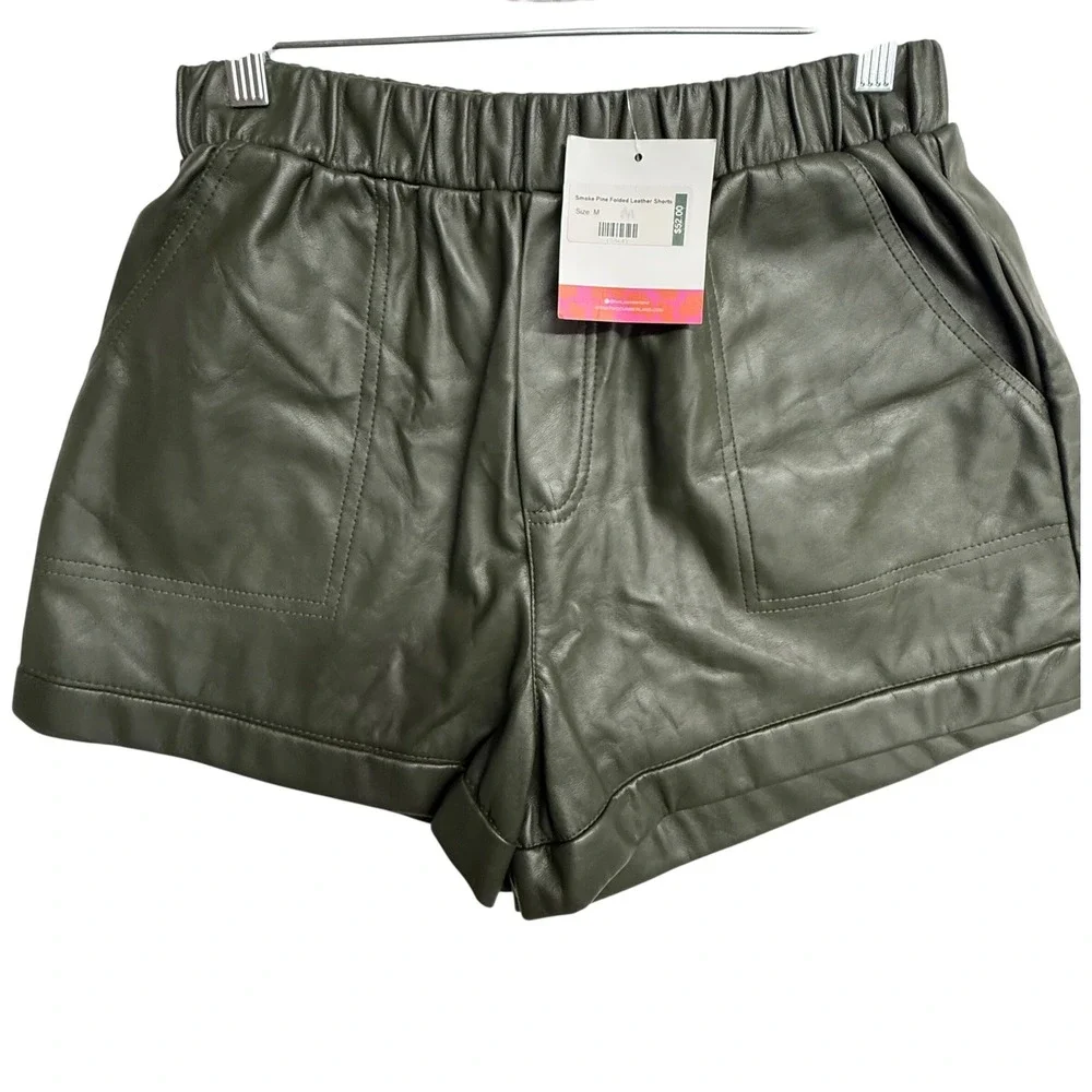 Two Cumberland Faux Leather Shorts Womens Medium Olive Green Elastic‎ Waist NWT